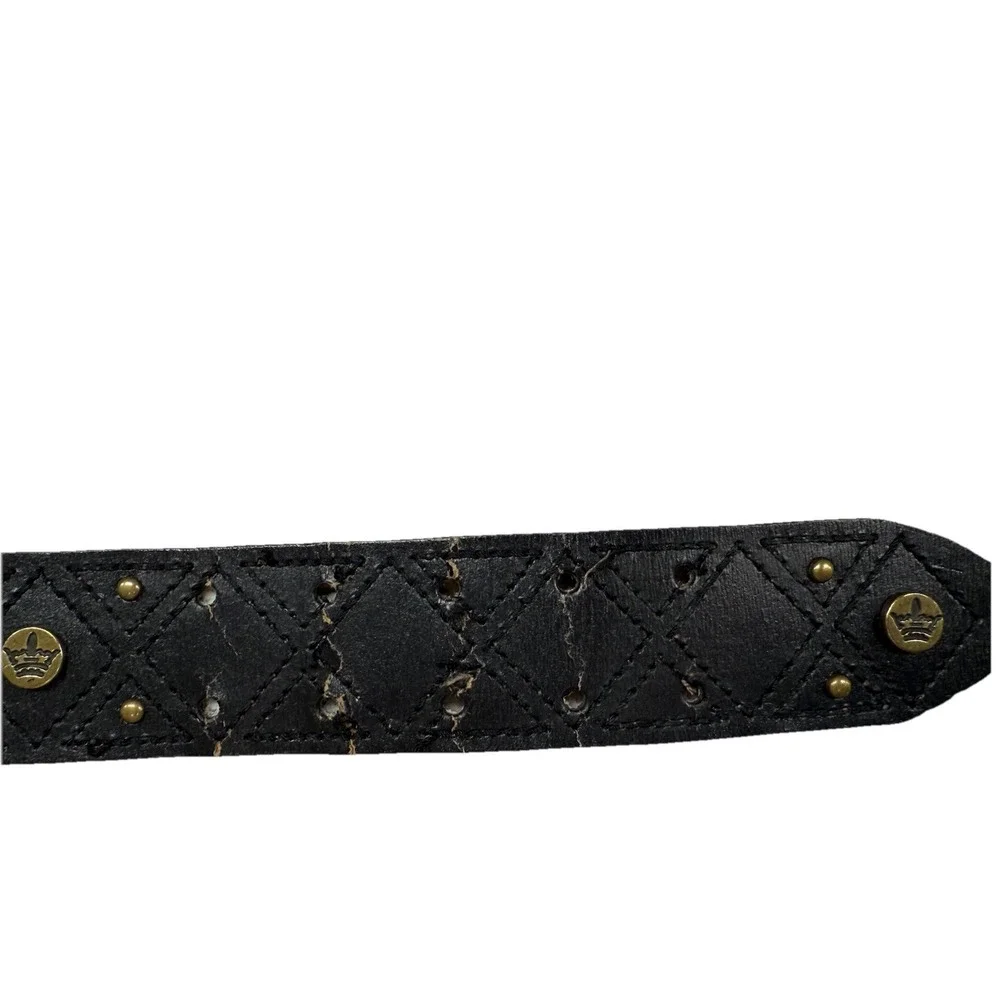 VTG Worn Studded Black Leather Belt Gold Color Buckle Sz 38